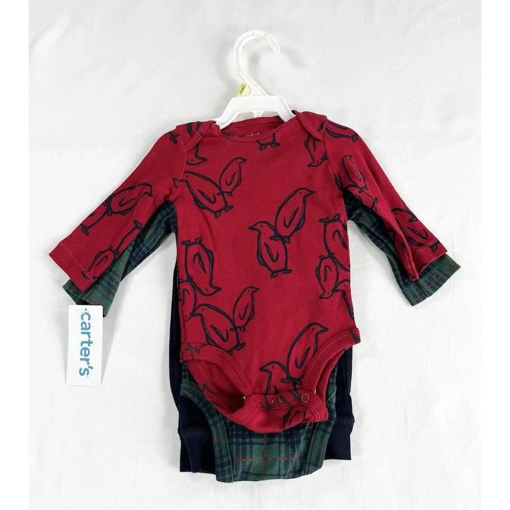 Carter's Baby 3M 3pc Penguin Winter Outfit Plaid Long‎ Sleeve Bodysuit Pants NWT